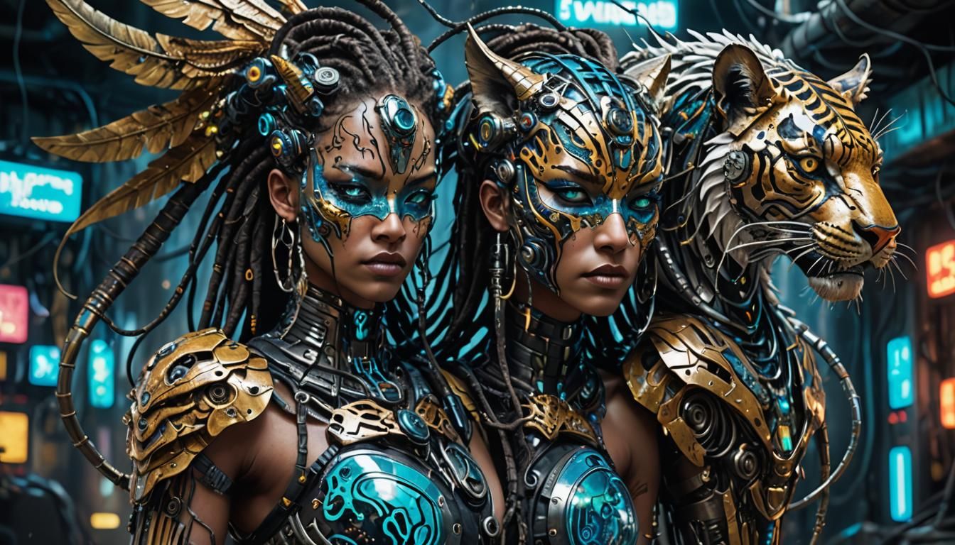 Cyberpunk Biomechanical Tiger-Woman with Neon Accents