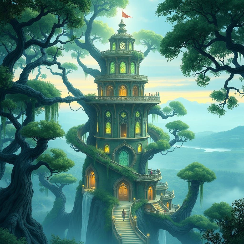 Ethereal Stronghold Amidst Silverwood Trees, Verdant Watchto...