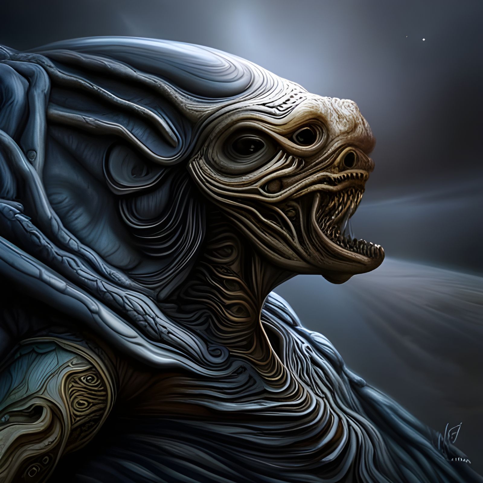 Alien Monster Inside Starship: Giger-Inspired 3D Render