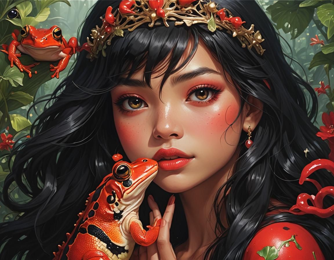 Princess Kisses Red Frog in Fairy Tale Scene