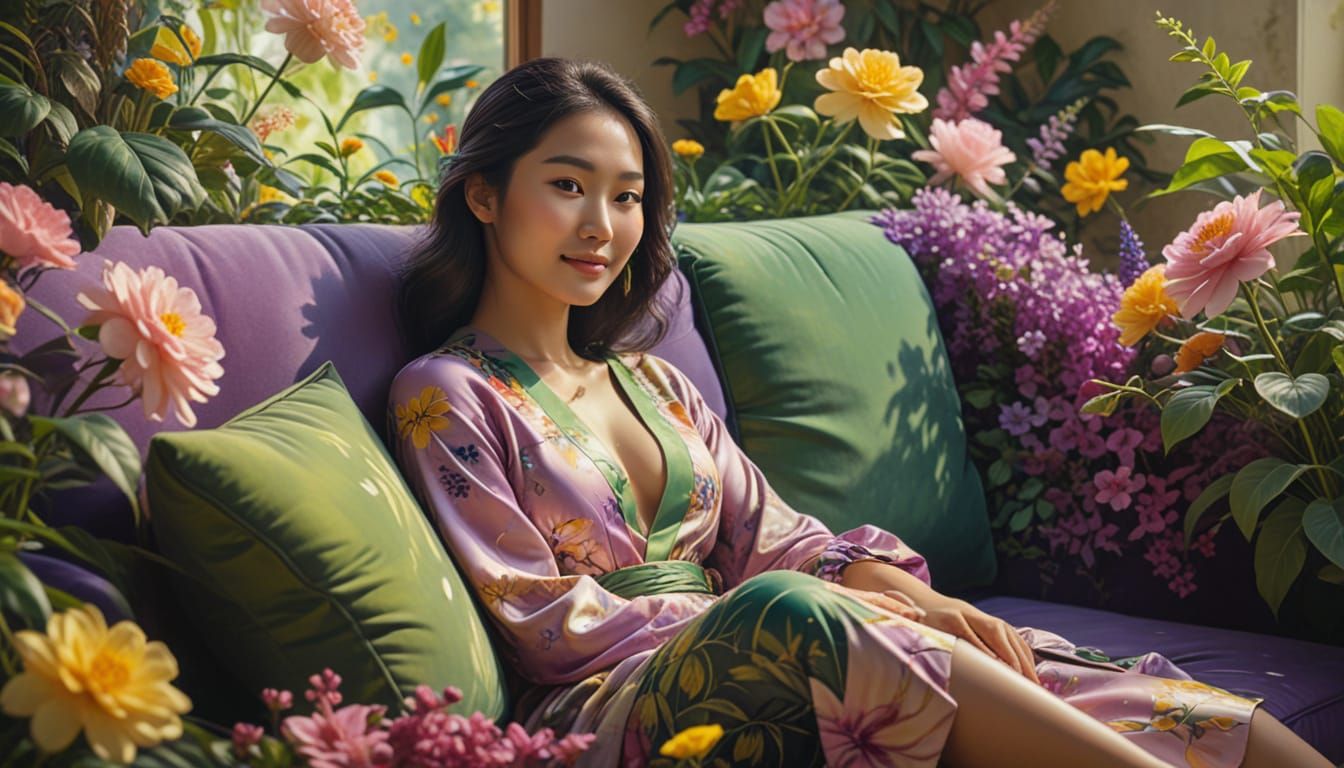 Asian Woman in Surreal Floral Garden, Oil Painting