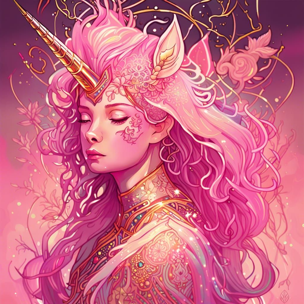 Dreamy Pink Unicorn Portrait in Neon Punk Style