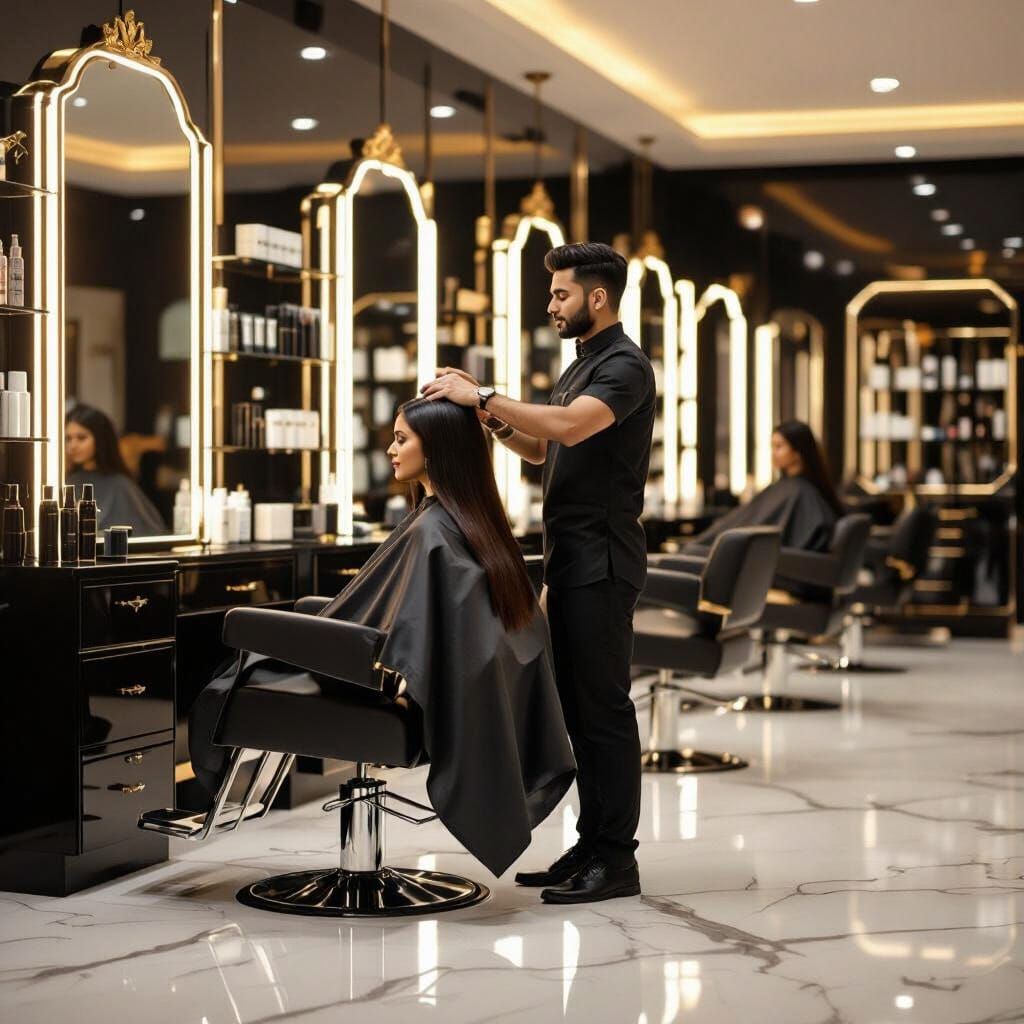 Luxury Hair Salon Interior with Indian Stylist