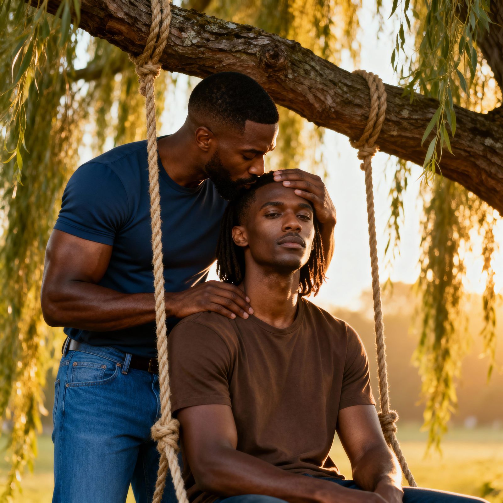 Loving Couple Under Weeping Willow in Golden Hour