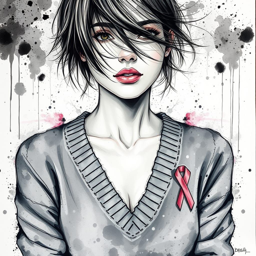 Woman in Gray Sweater with Pink Ribbon