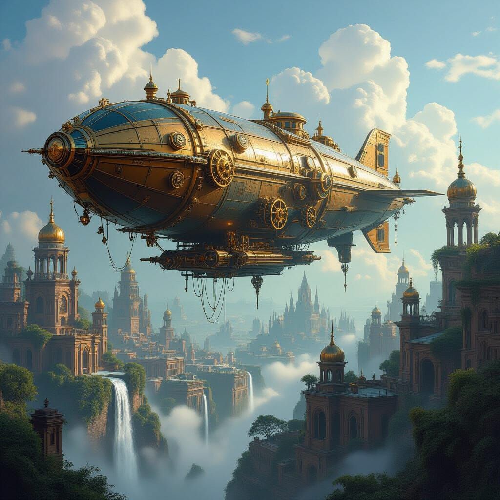 Steampunk Airship Over Forgotten Metropolis