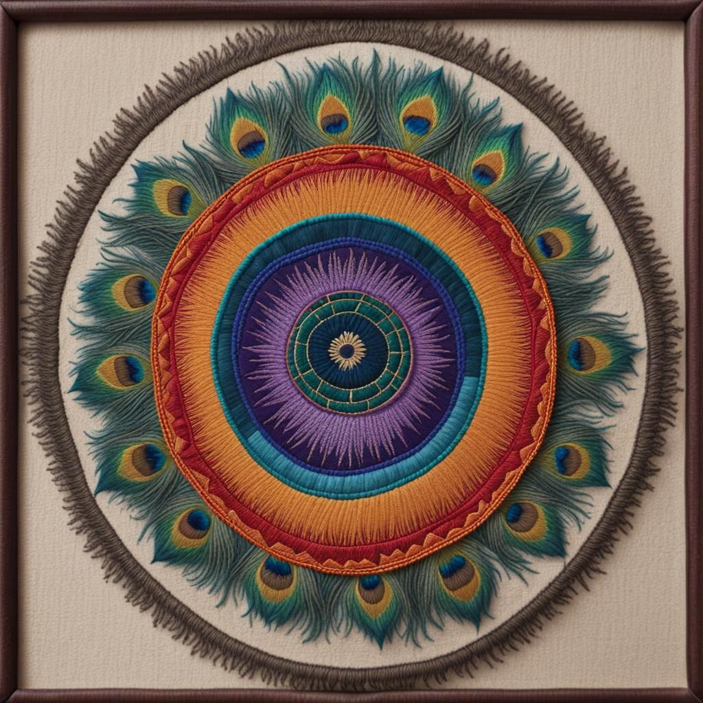 Embroidered Peacock Feather Yantra Mandala