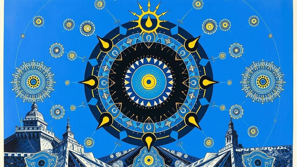 Psychedelic Delft Blue Poster with Fractal Patterns