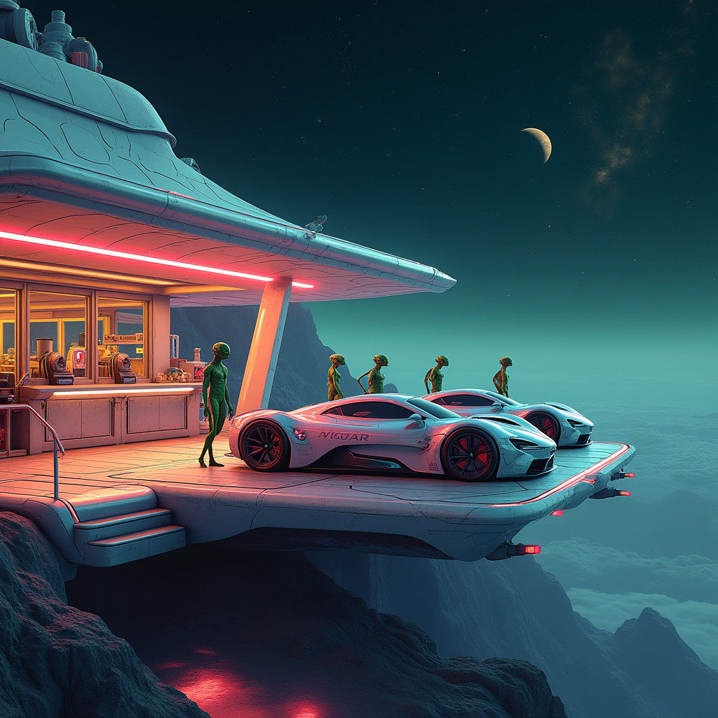 Futuristic Gas Station in Space with Alien Attendants