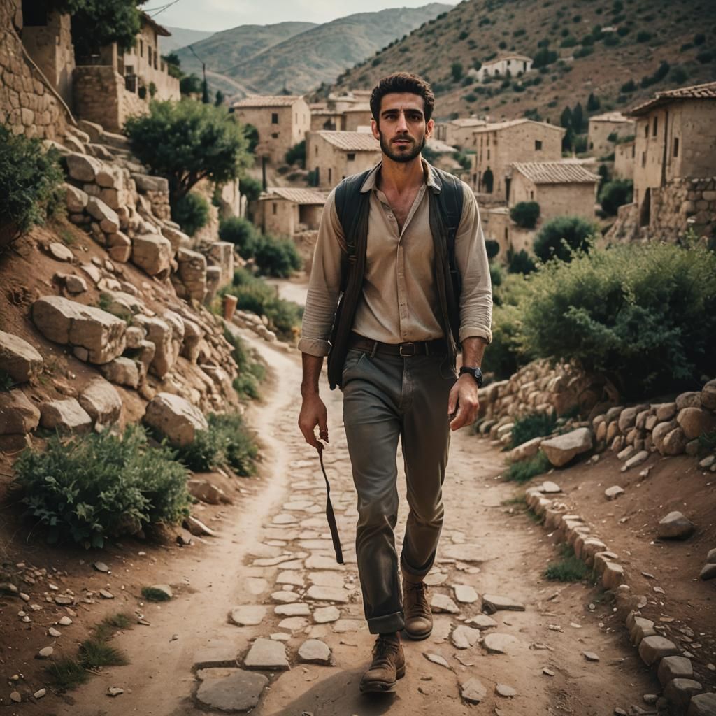 A young handsome Lebanese man  with big brown eyes walking u...