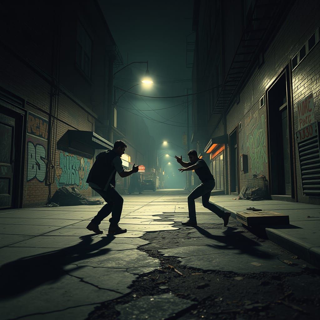 Gritty 1980s Street Fight Scene in High-Contrast 3D