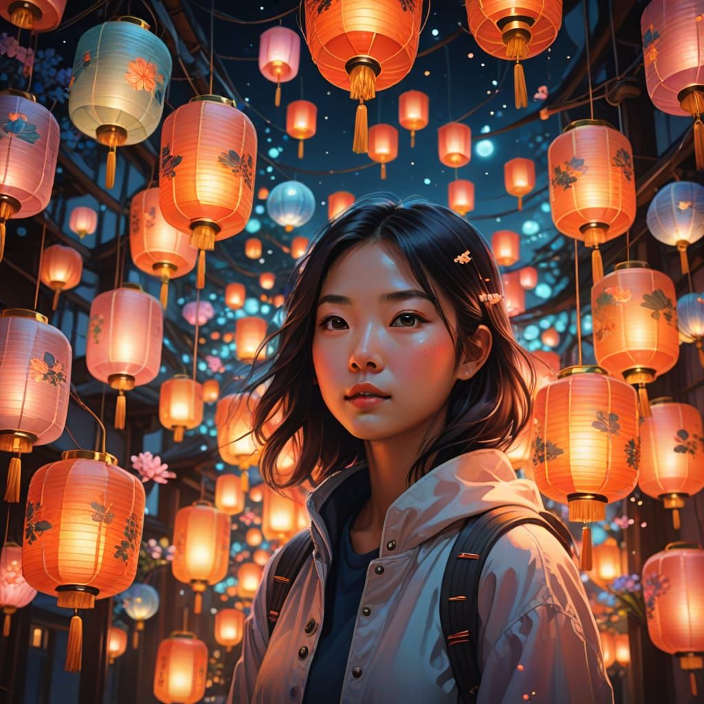 Girl Surrounded by Glowing Lanterns in Magical Digital Art