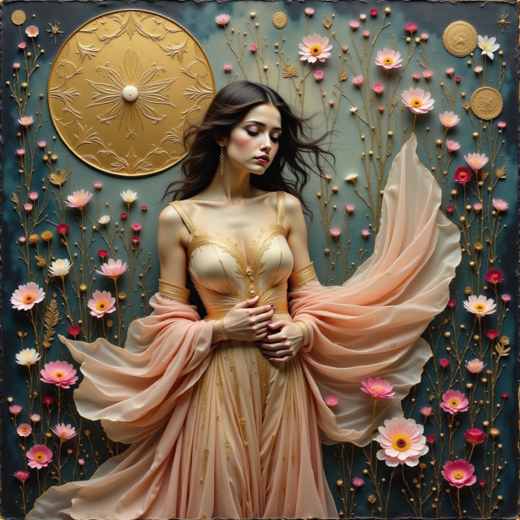 A woman of flowing robes and flowers