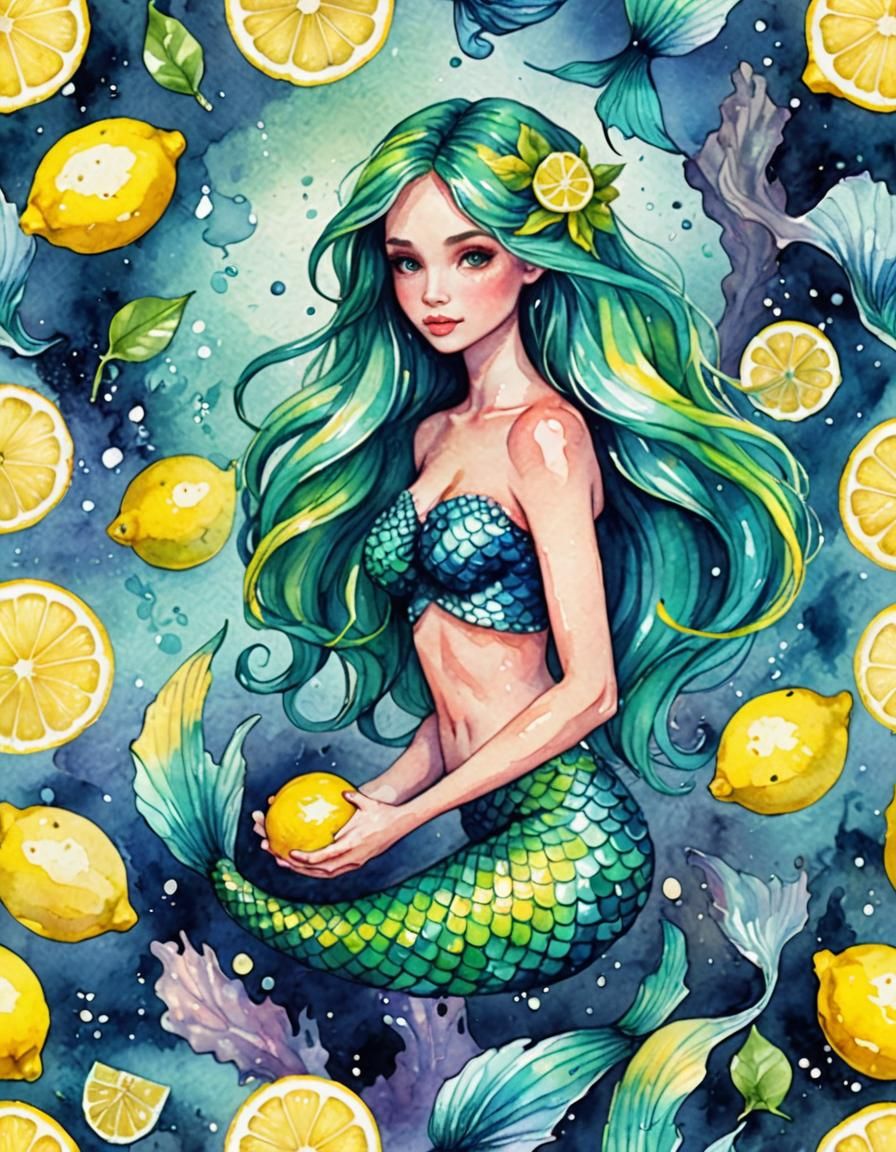 Fluorescent Mermaid with Lemon in Watercolor Style