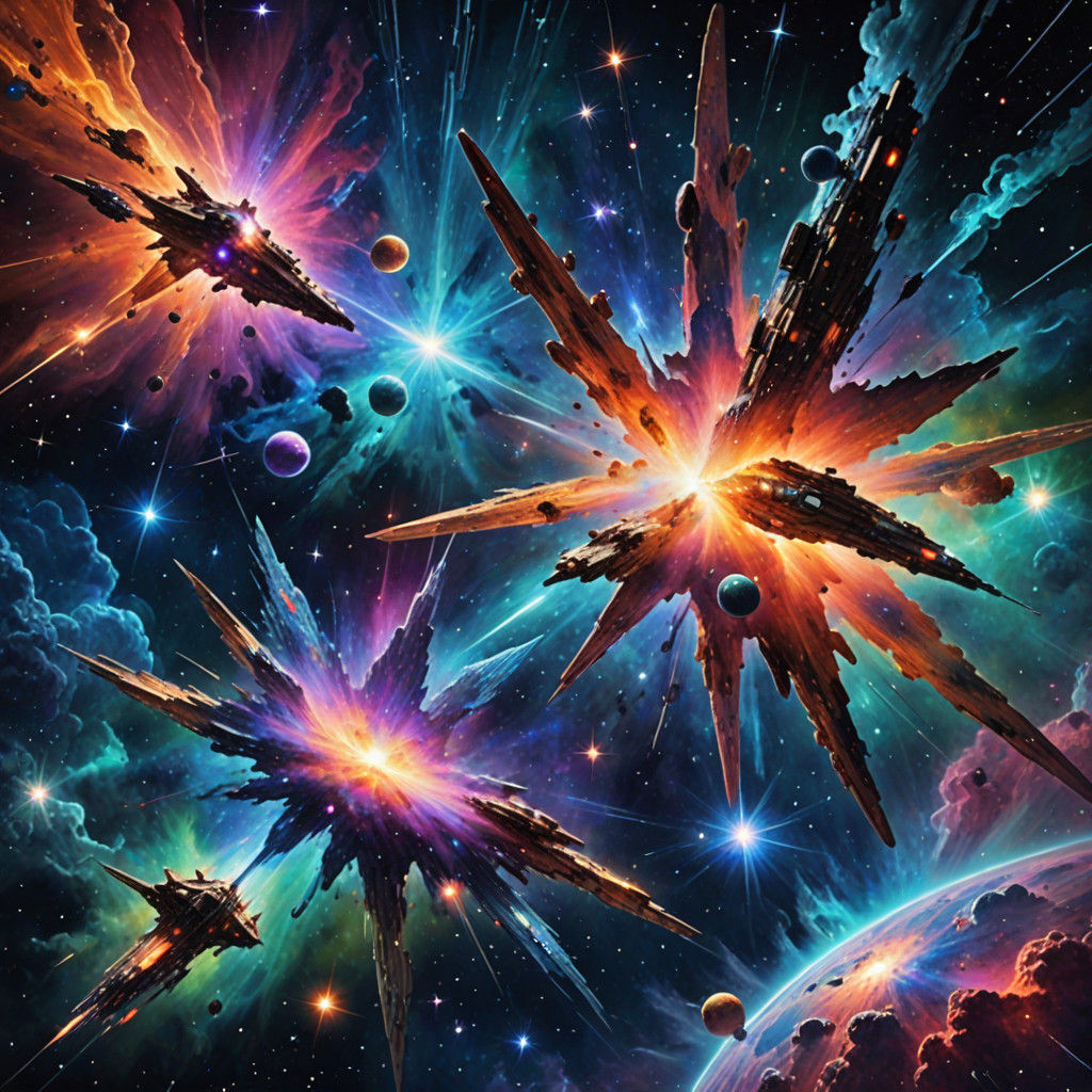 Epic Cosmic Space Battle in Vibrant Holographic Style