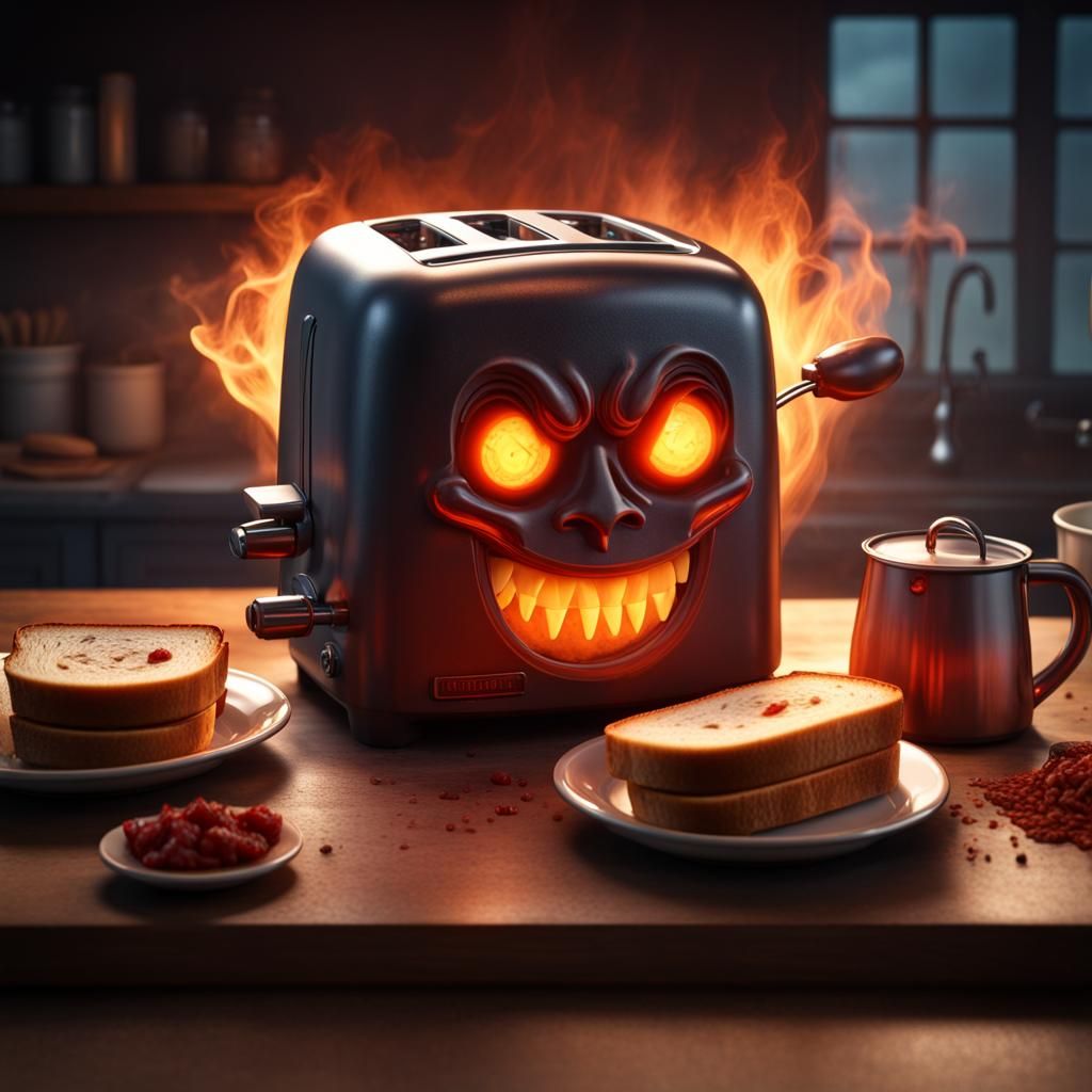 Demonic Toaster with Spooky Bread, Detailed Digital Art