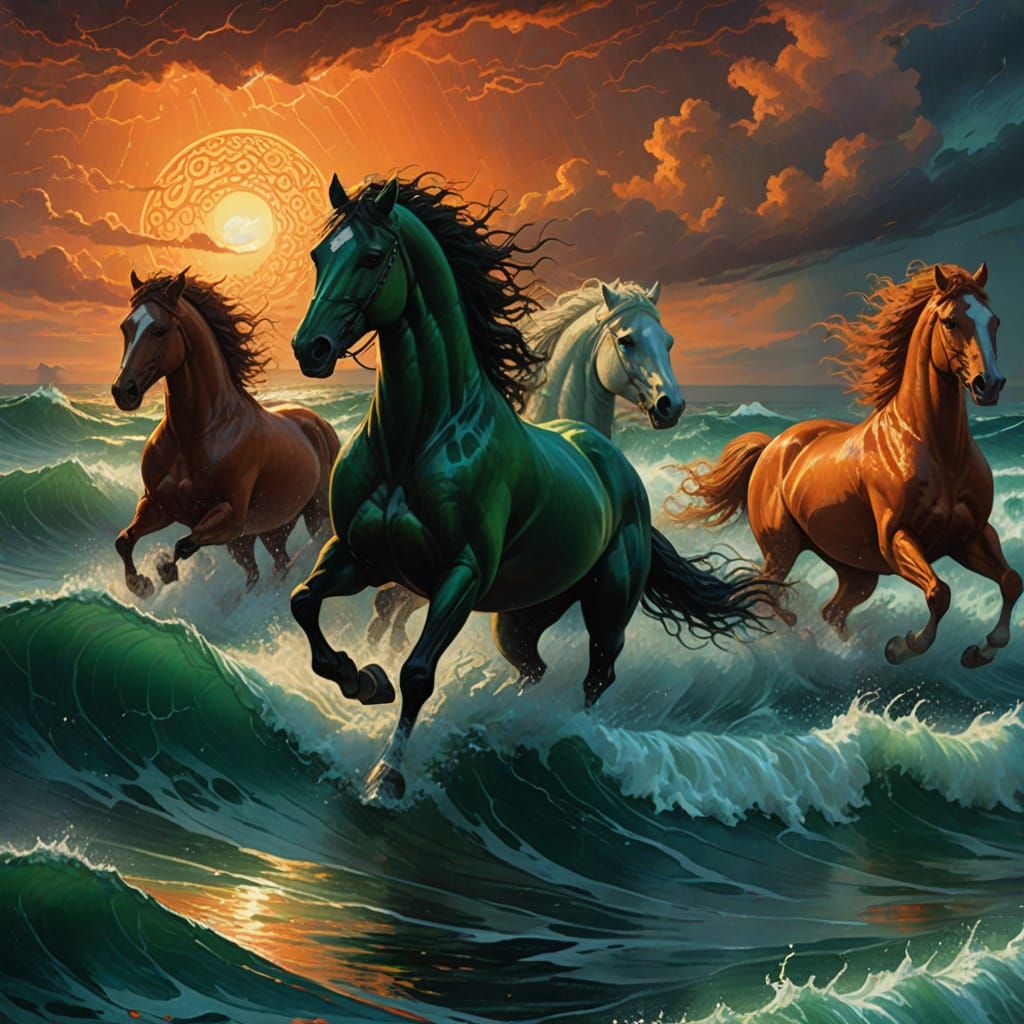 Horses Galloping on Stormy Sea with Celtic Knotwork