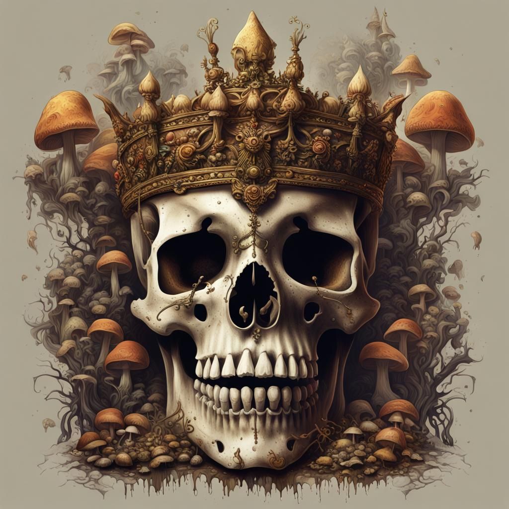 Ornate Skull with Bone and Mushroom Crown