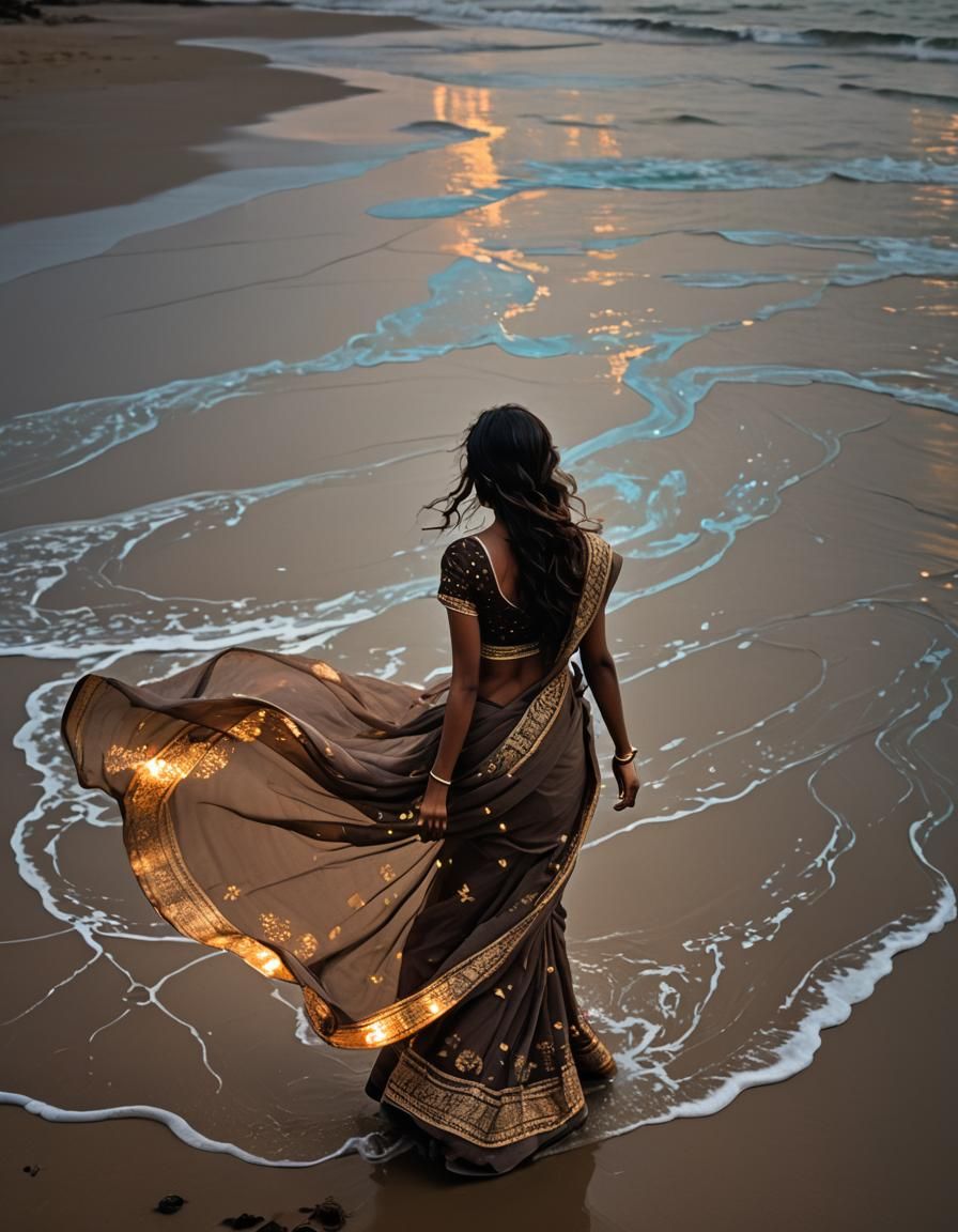 Bioluminescent Waves and Girl in Sari