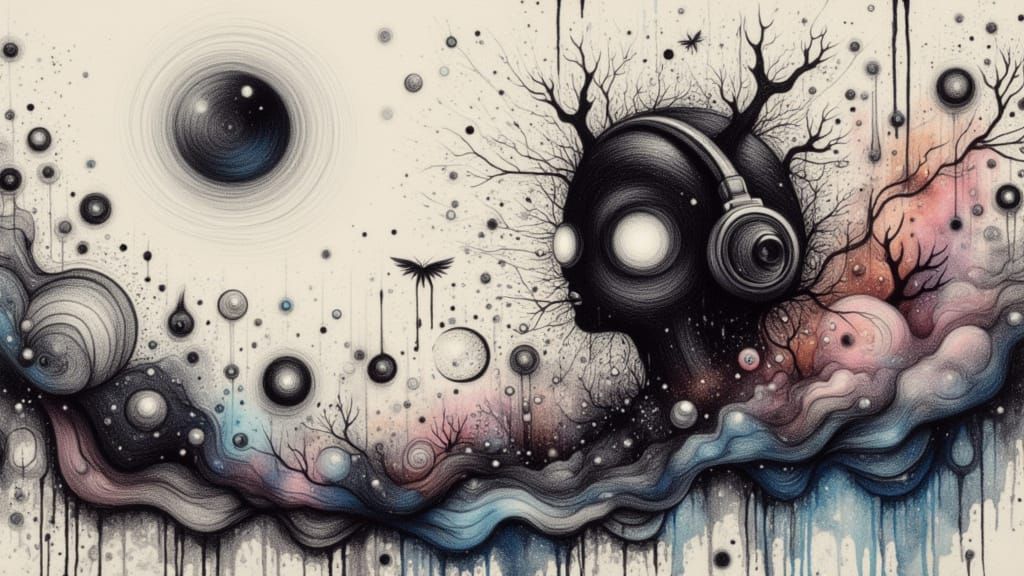 Surreal Alien with Headphones in Whimsical Painting