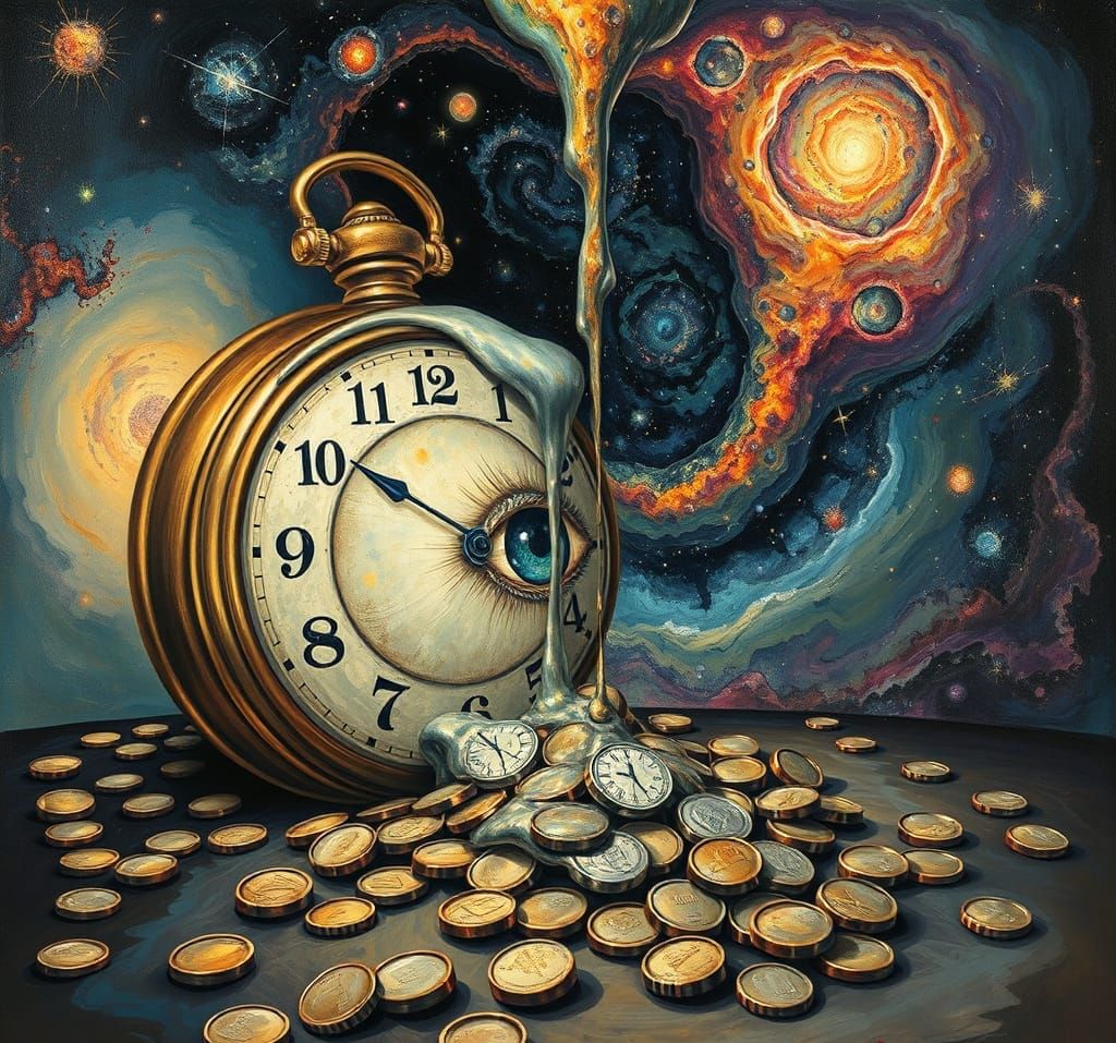 Melting Clock with Eye Over Coins in Cosmic Vortex