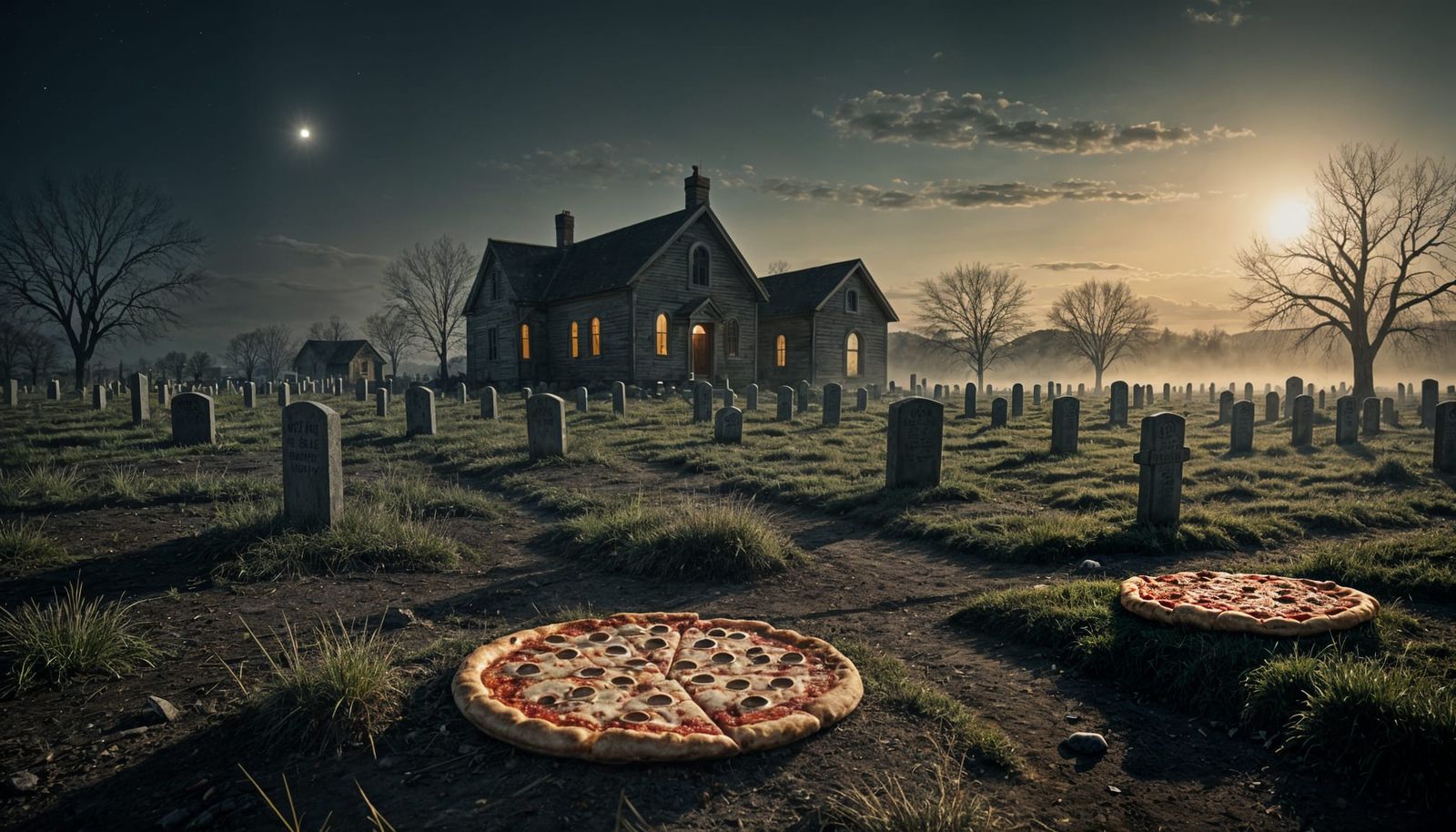 Haunted Pizzas Mark Tombs in a Creepy Field Scene