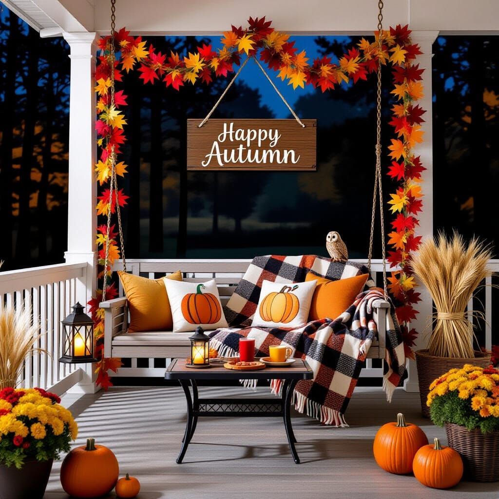 Autumn Porch Scene at Night with Owl