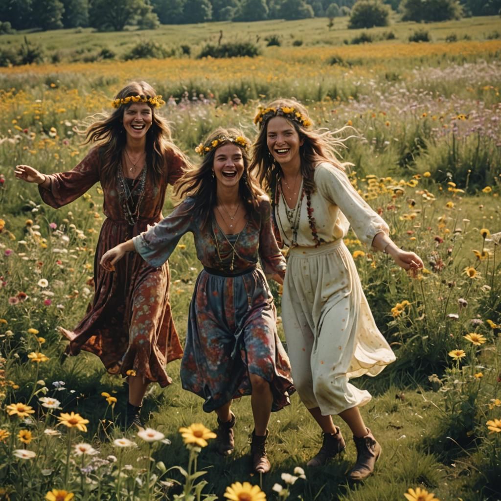 Dancing Hippie Girls in a Flower Field