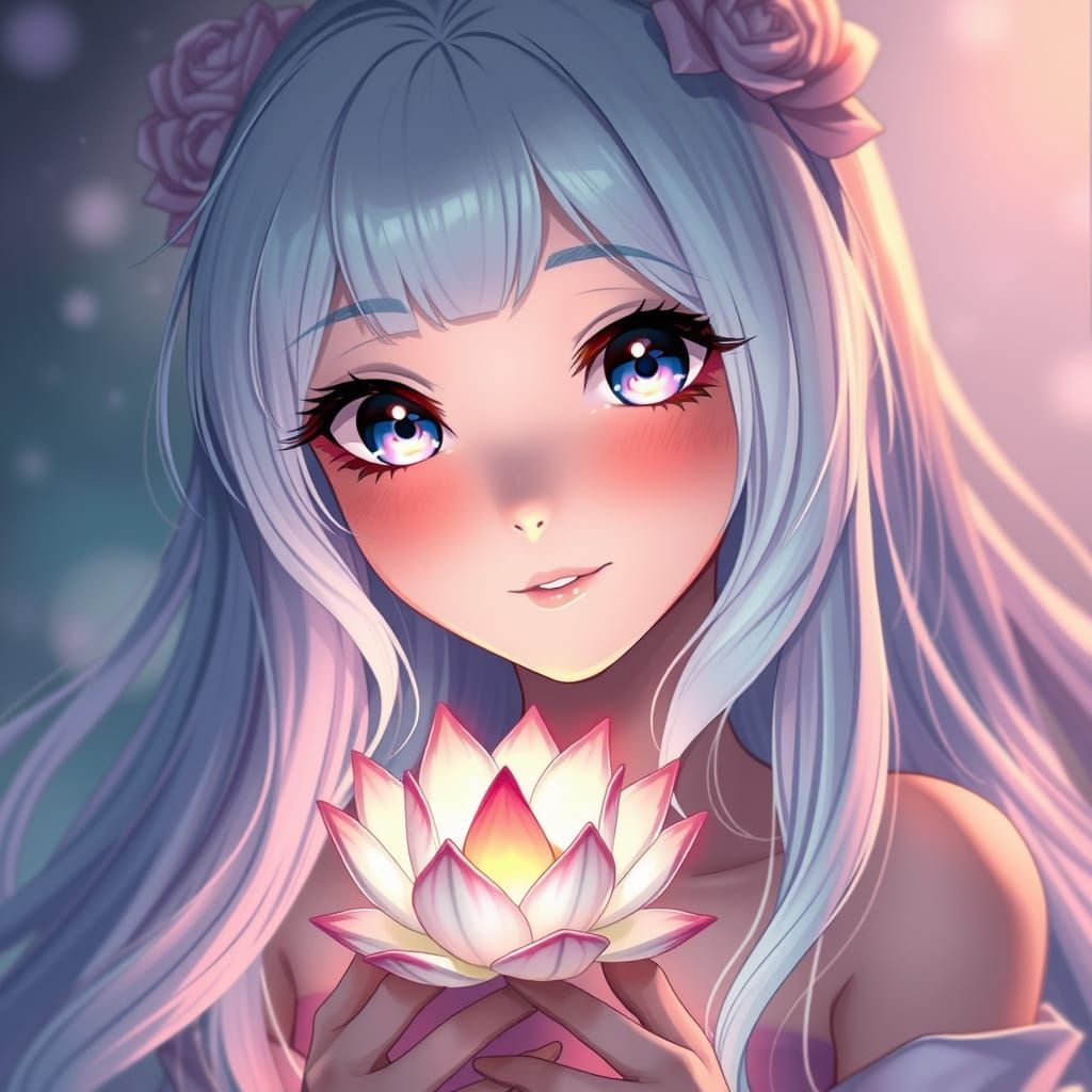 Anime-Inspired Goddess Holds Glowing Lotus in Close-Up