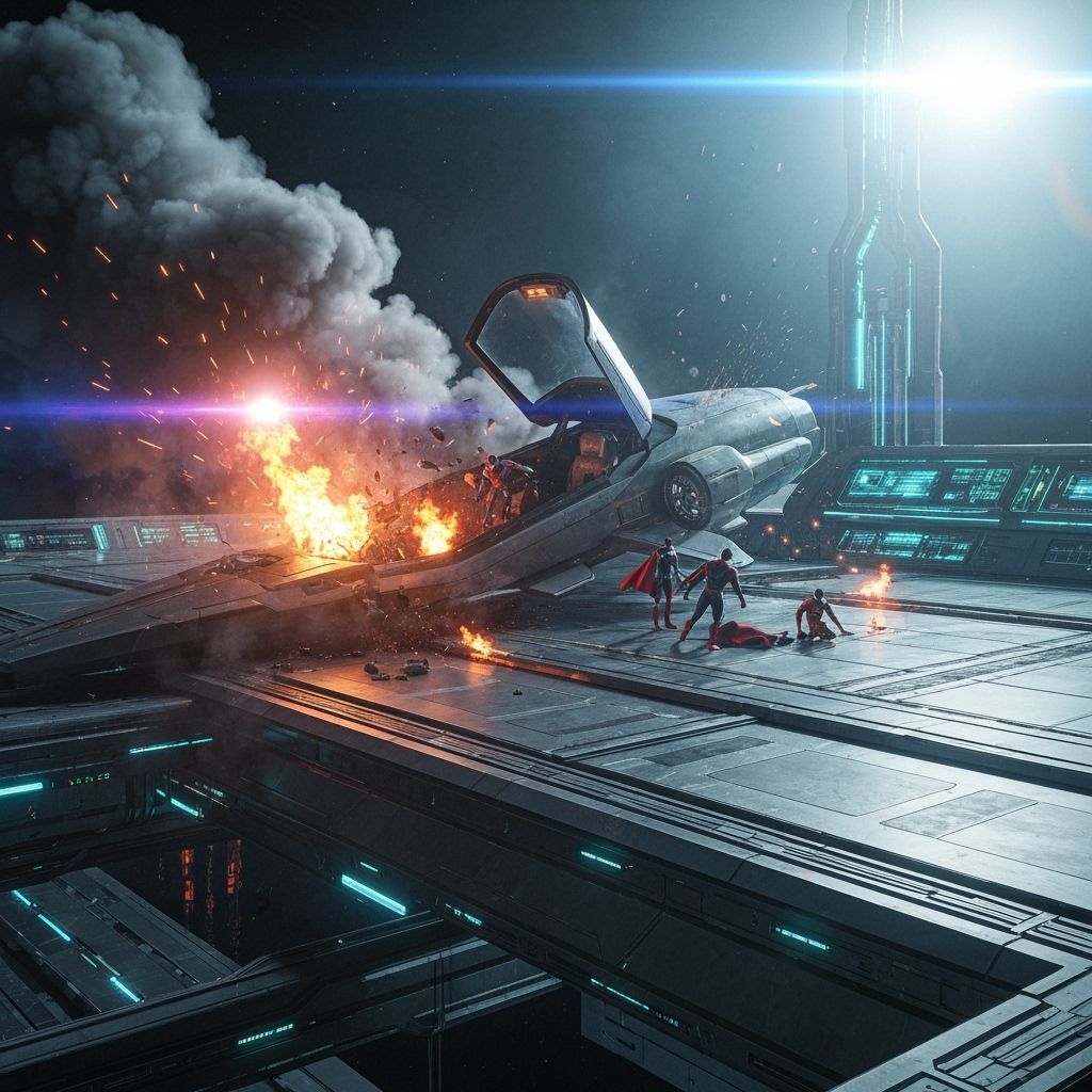 Superheroes Crash Spaceship Onto Futuristic Spacestation