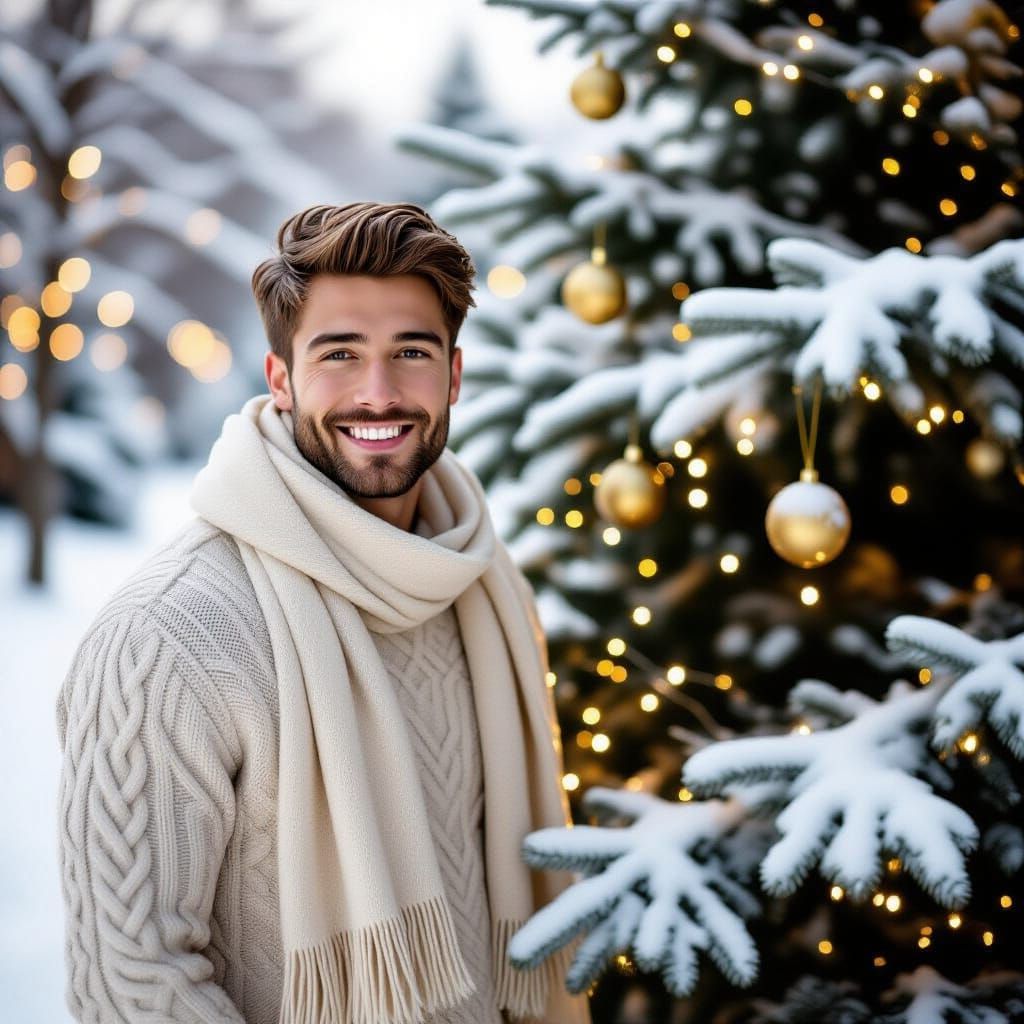 Handsome Man in Snowy Christmas Scene