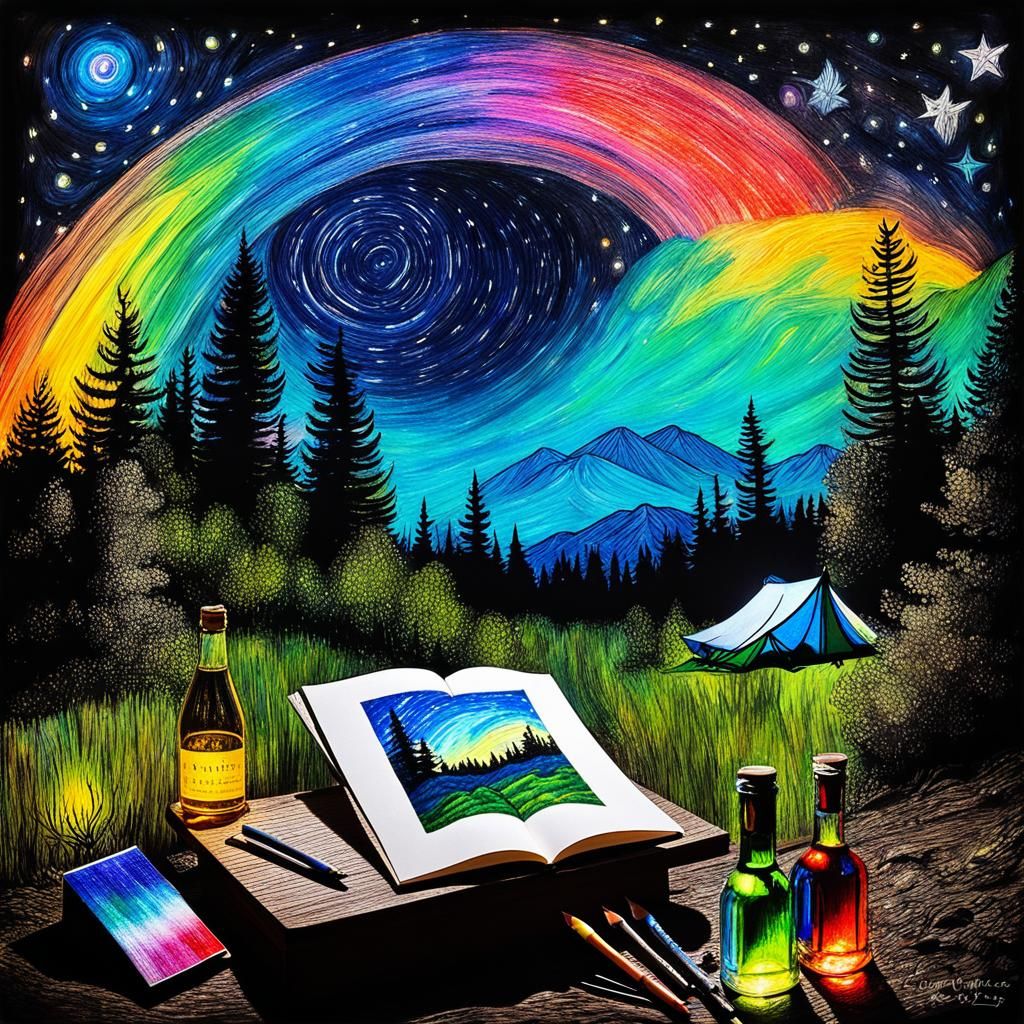 Fairies Camping on Starry Night, Surreal Child Art