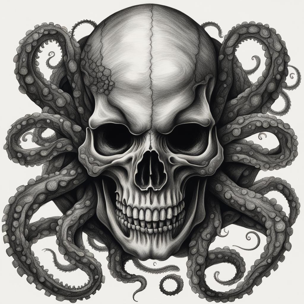 Tentacled Skull in Hyperdetailed Charcoal Drawing