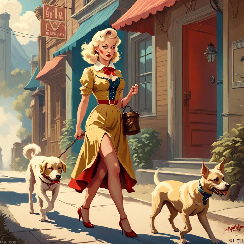 Blonde Woman Walking Dog in Pin-Up Style