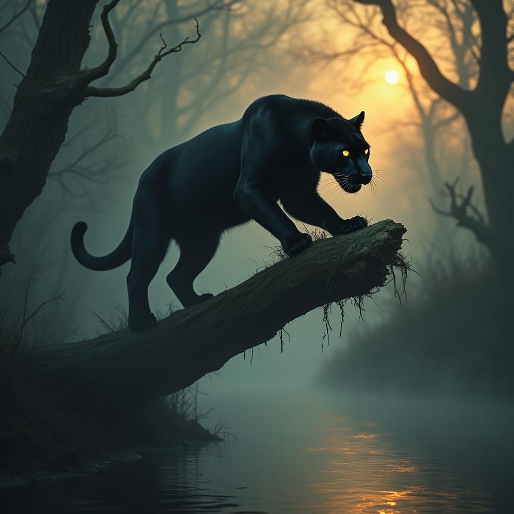 Sleek Panther Leaps into Misty Swamp Cathedral