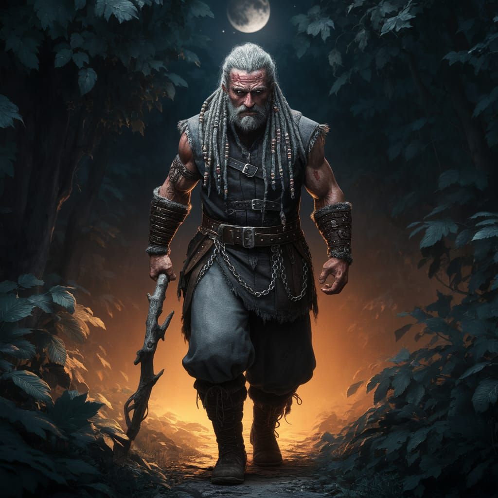Viking Leader in Moonlit Night Forest