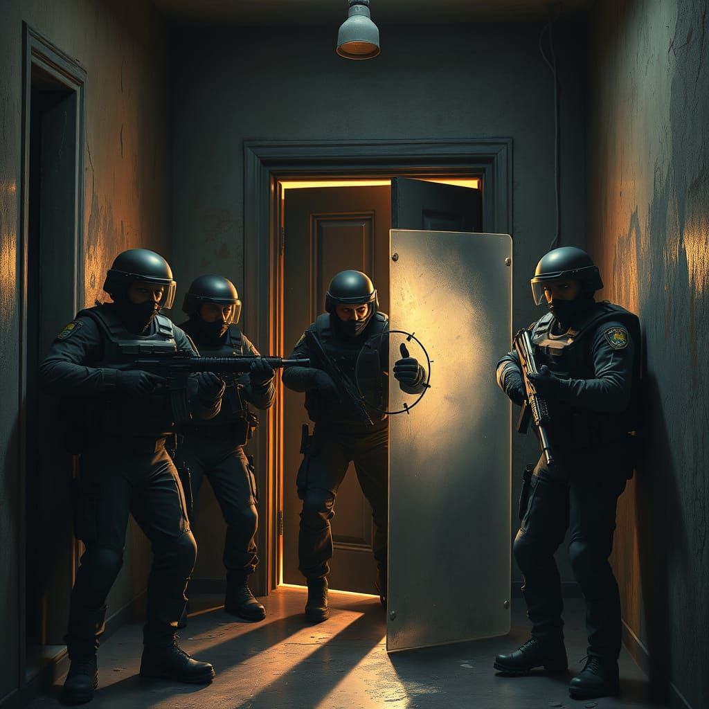 Tactical SWAT Team Ready to Breach Door in Grim, Hyper-Reali...