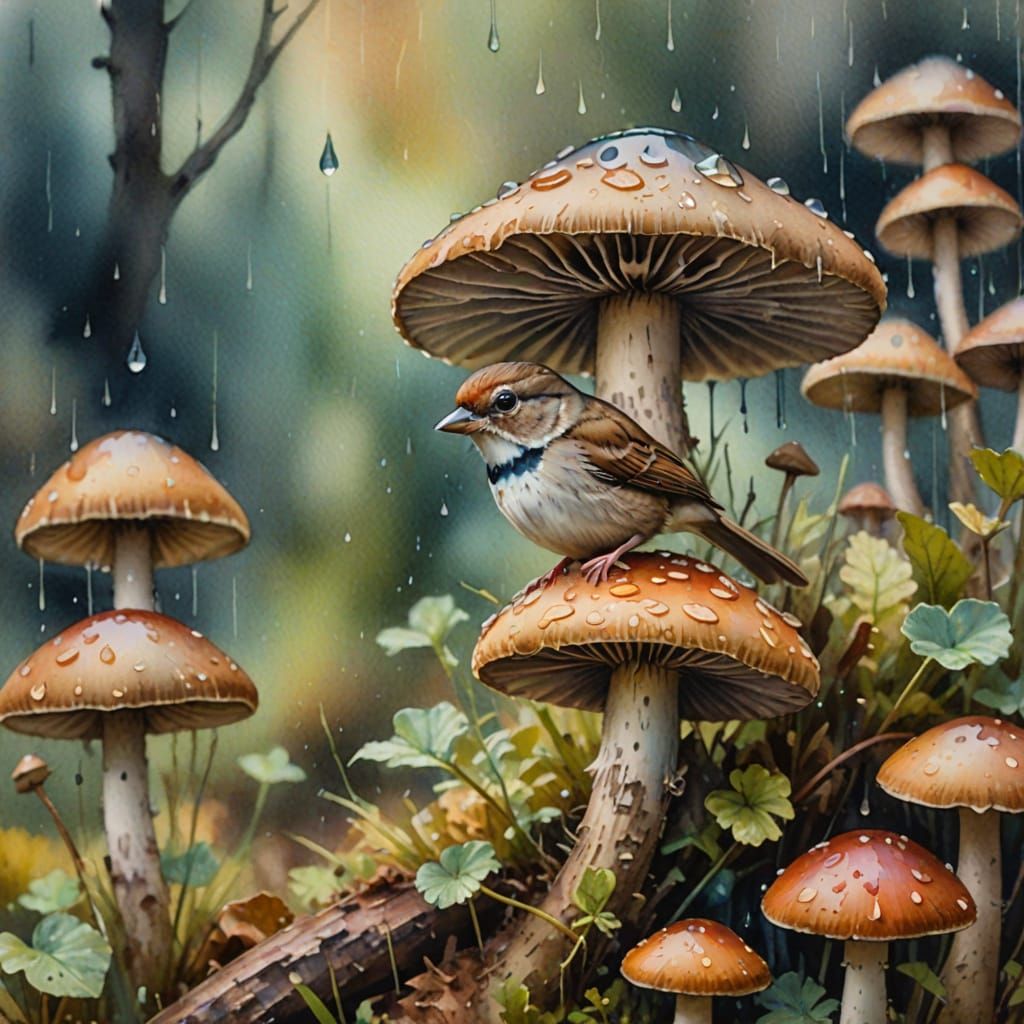 Sparrow-Mouse Hybrid Hiding Under Mushroom: Watercolor Impre...