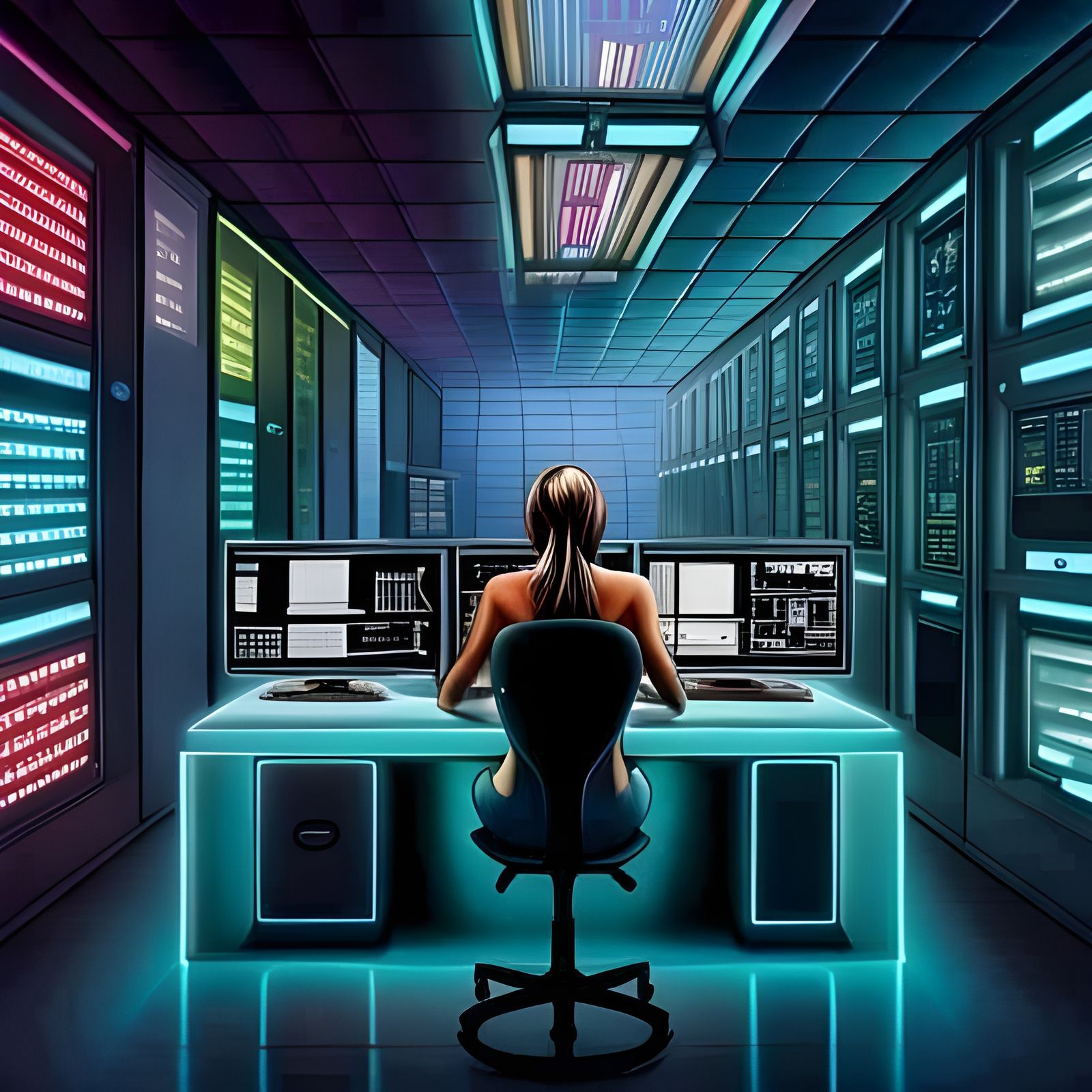 Cyborg Woman in Neon Server Room
