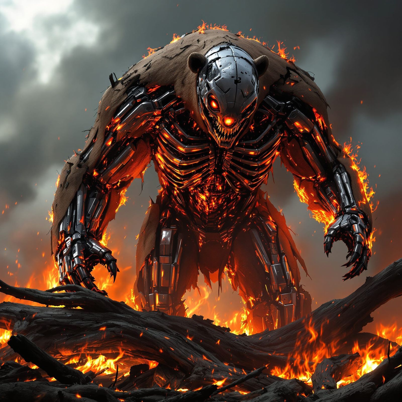 Cybernetic Terminator Bear in a Fiery Landscape
