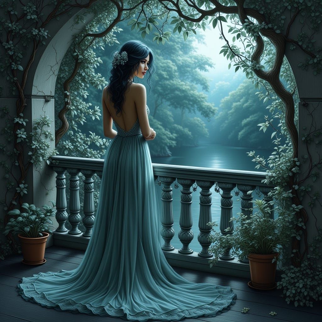 An elegant woman in a flowing, art nouveau gown stands on a ...