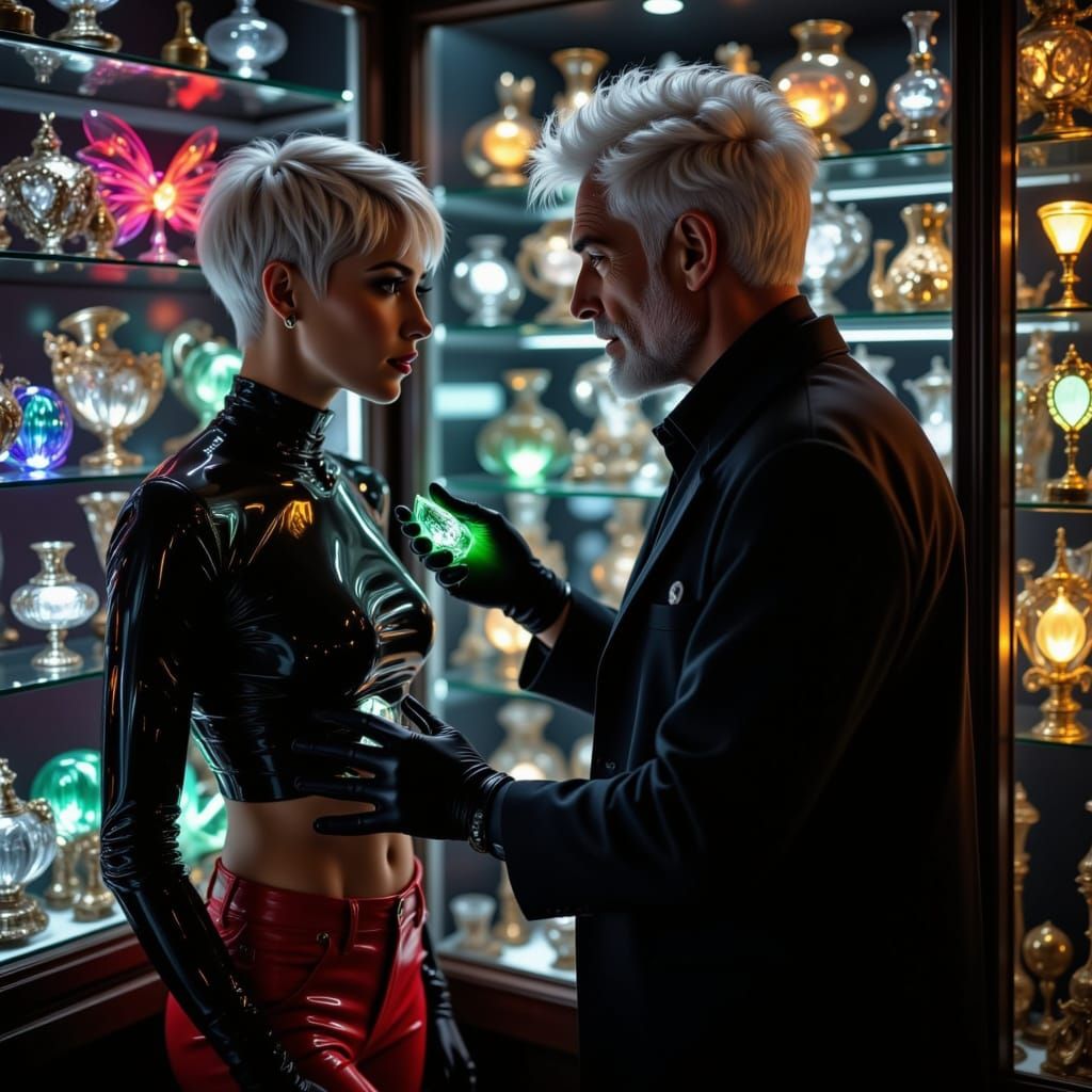 Cyberpunk Shop: Woman Browses Bizarre Items