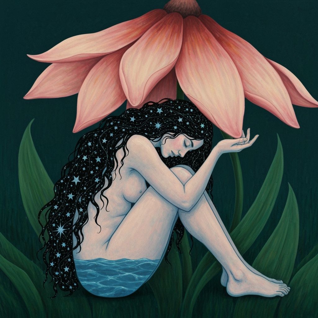 Woman With Star Hair Under Flower, Transparent Body With Wat...