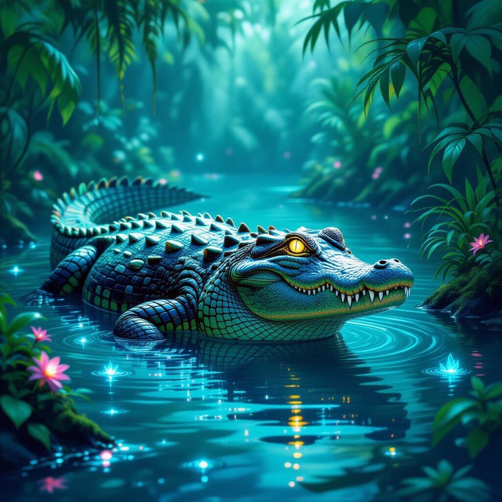 Ancient Alligator Emerges from Bioluminescent Jungle Lagoon