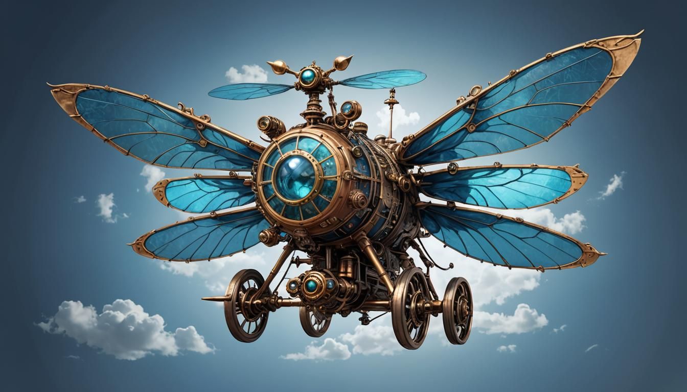Steampunk Ornithopter with Dragonfly Wings in Flight