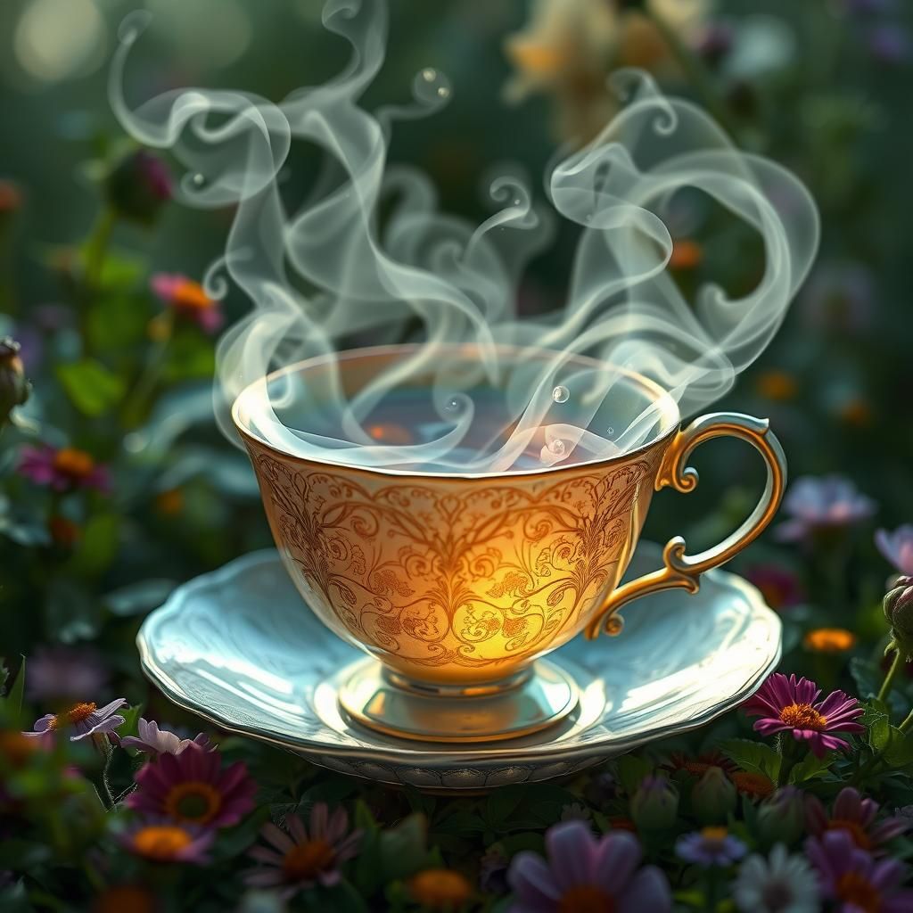 Mystical Teacup with Iridescent Mist and Flowers