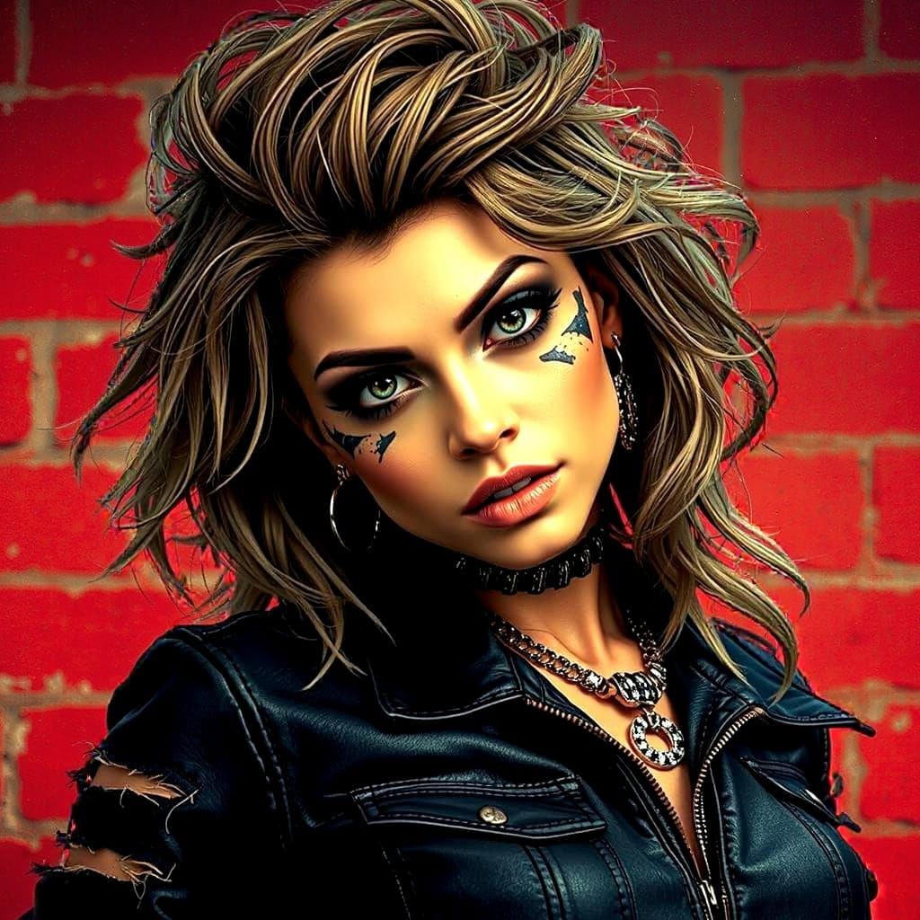 Rough Glamour Woman in Leather Jacket with Defiant Gaze