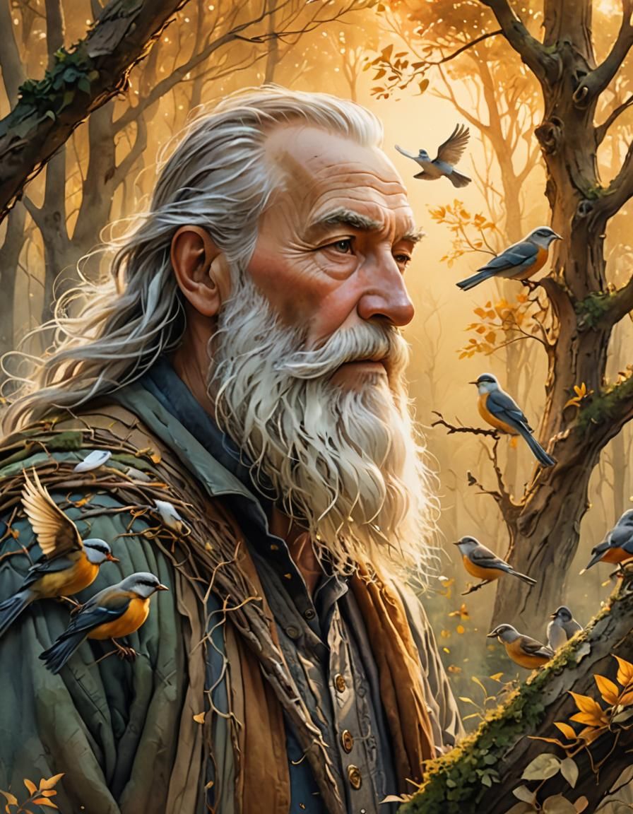 Whimsical Old Man with Birds in Beard, Watercolor Art