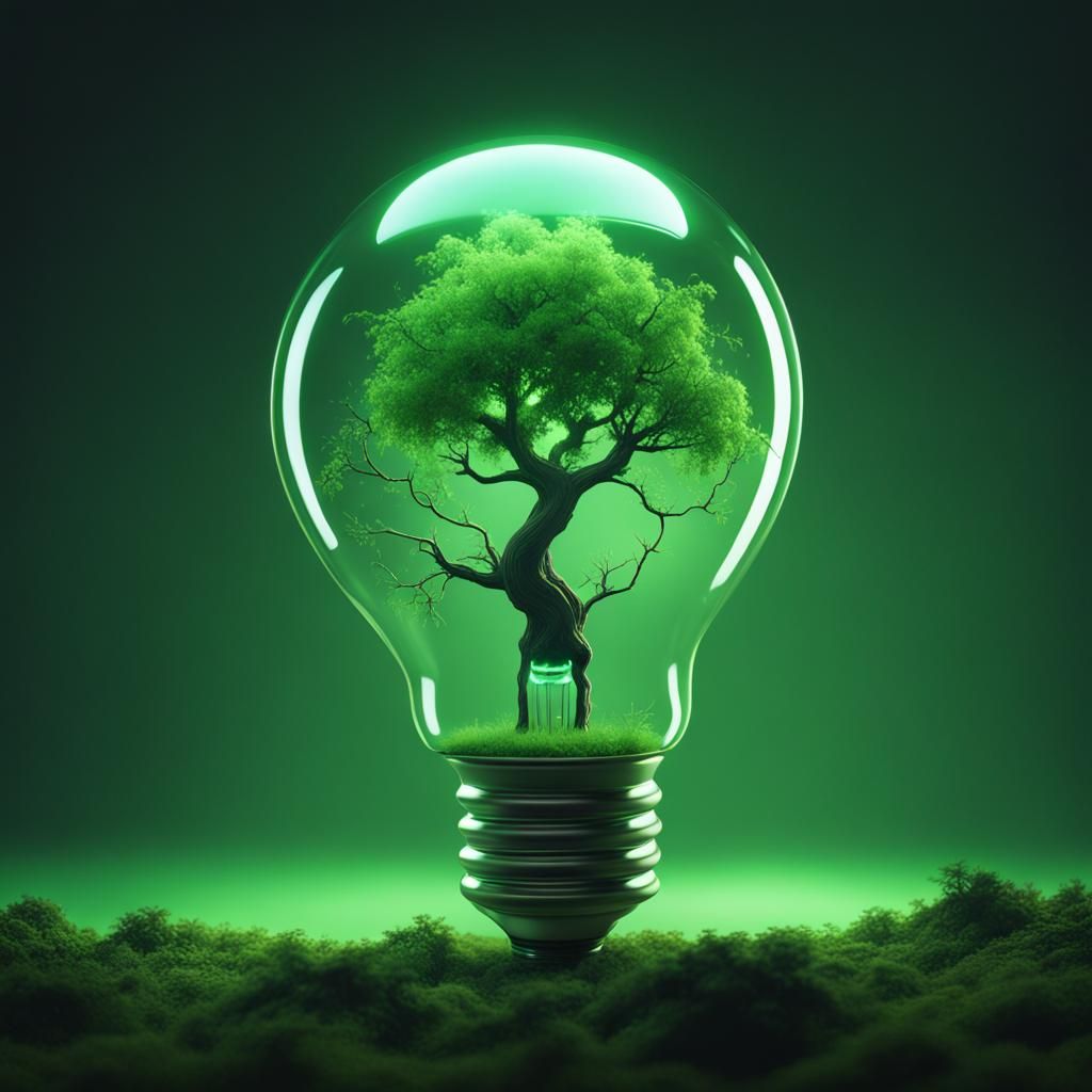 Glowing Green Tree Inside Lightbulb: Fantasy Concept Art