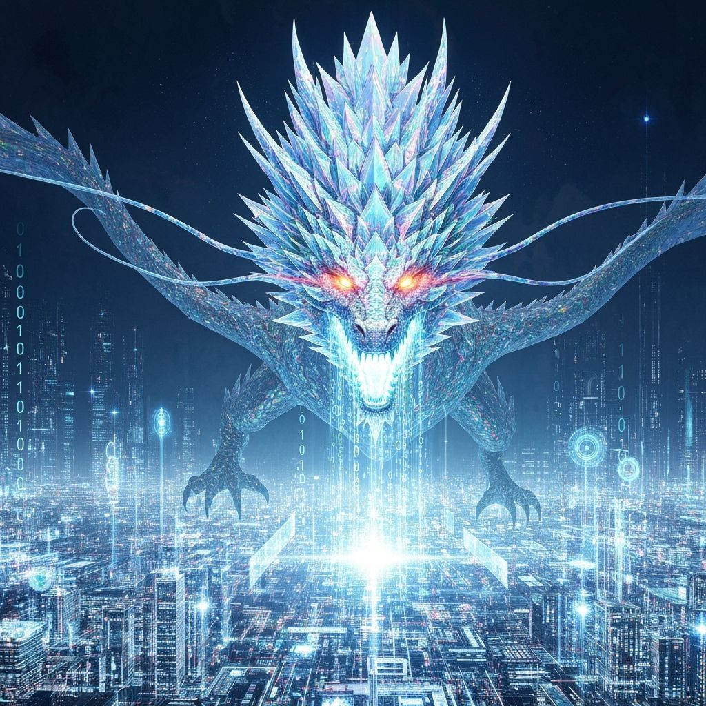Crystal Dragon Over a City of Light and Data